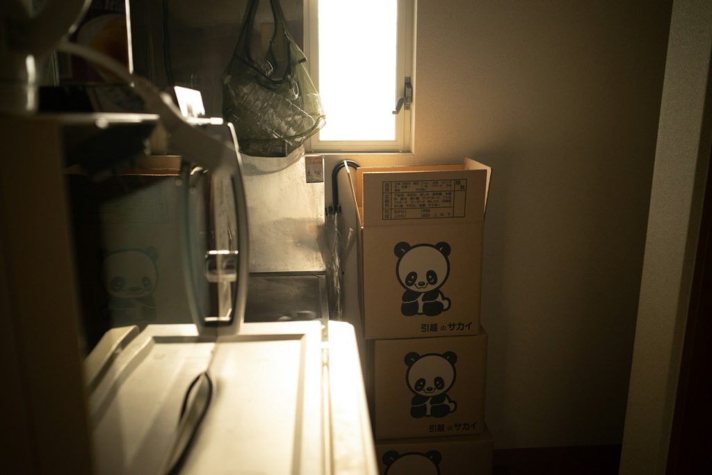 Cardboard boxes with panda faces stacked by window