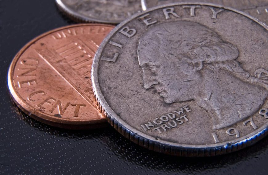 Detailed close-up of a US quarter and penny highlighting currency texture.