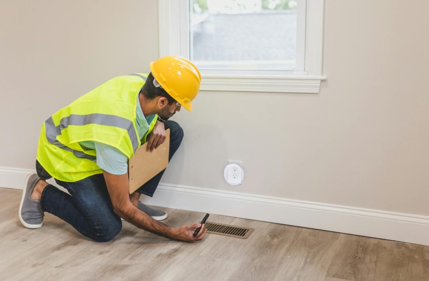 A construction worker in a hard hat inspects a floor vent indoors, ensuring quality and safety standards.