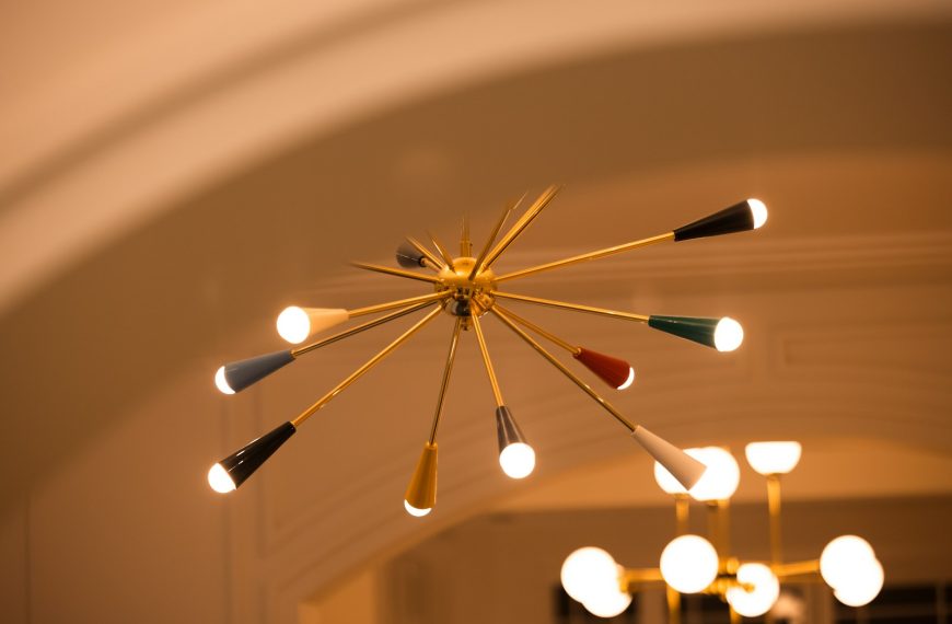 A starburst chandelier with colorful accents.