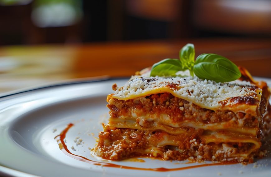 a white plate topped with lasagna covered in sauce