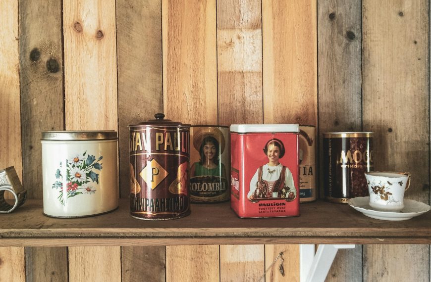 a shelf filled with lots of different types of items