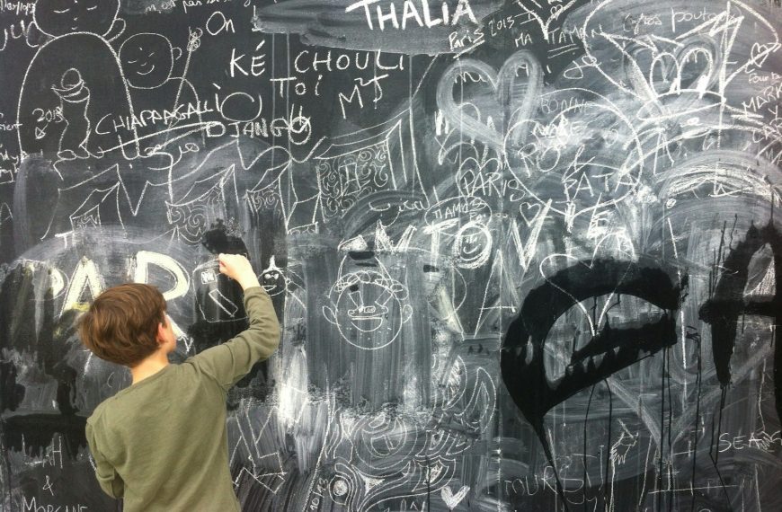 woman in yellow t-shirt standing in front of chalk board