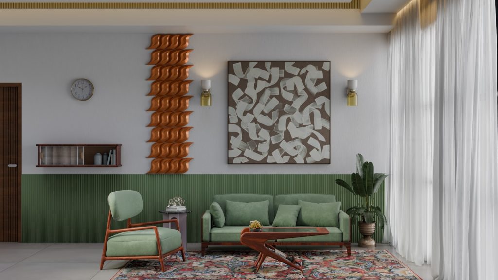 A living room filled with furniture and a painting on the wall