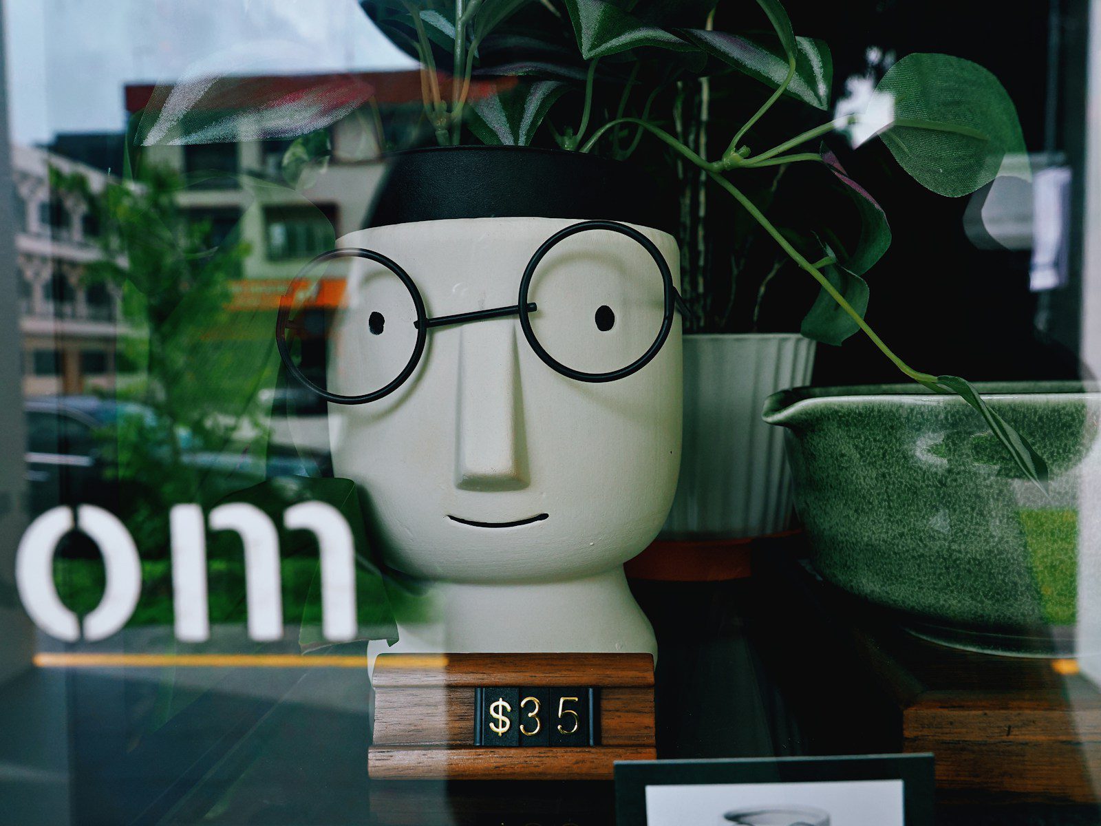 Head-shaped planter with glasses and plants
