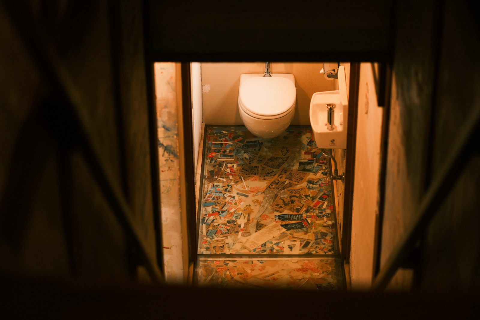 A toilet is seen at the bottom of the stairs.