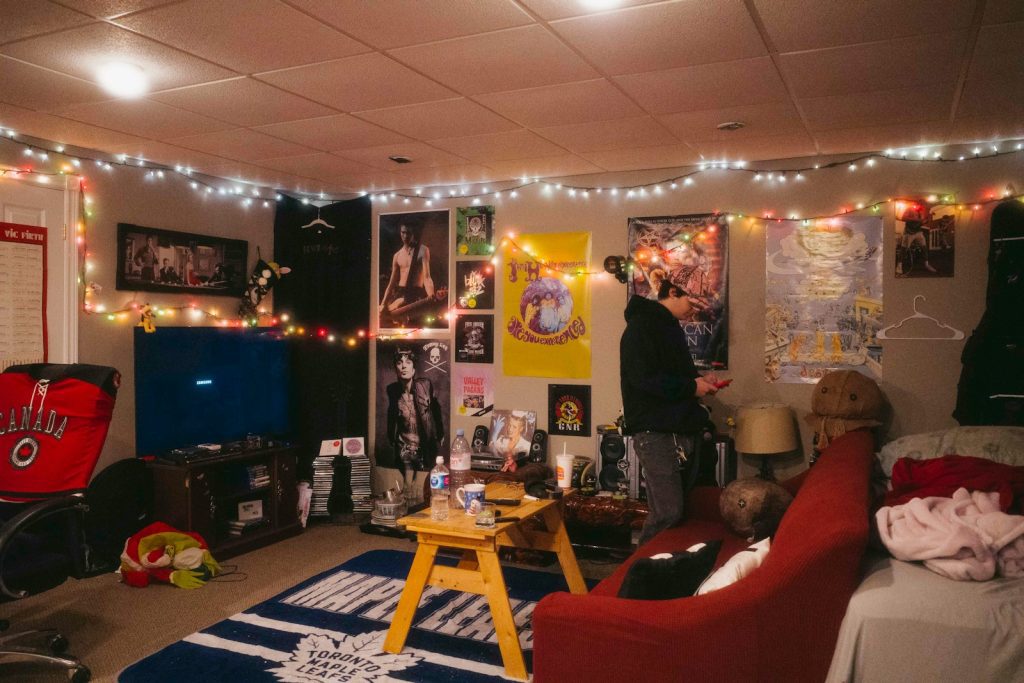 A cozy room decorated with string lights.