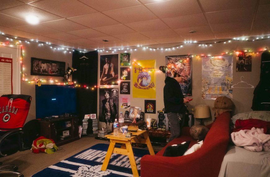 A cozy room decorated with string lights.