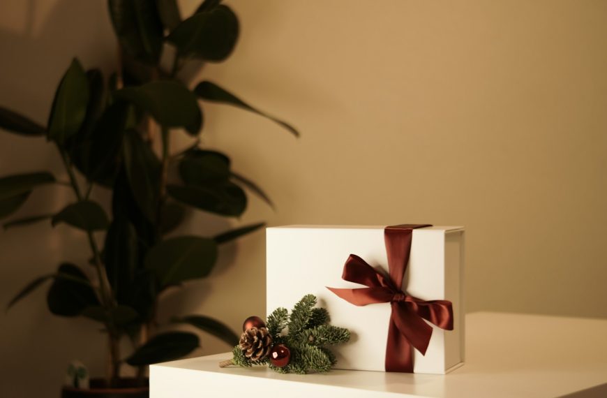 a white box with a red bow on top of it
