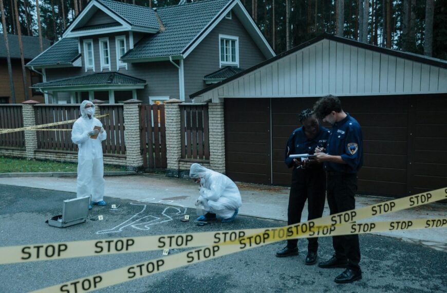 Forensic team investigates suburban crime scene with police officers and evidence markers.