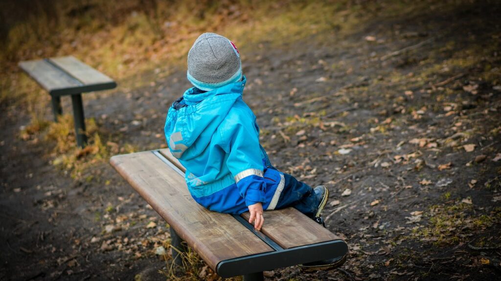boy, son, young, bench, sitting, looking away, back, overall, cold, waiting, alone, little, kid, people, child, outdoors, missing, brown alone