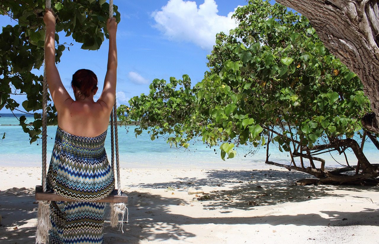 maldives, woman on swing, swing, sea, beach, nature, palm trees, vacations, summer, beach sea, beach water, paradise, vacation, heaven, blue, clouds