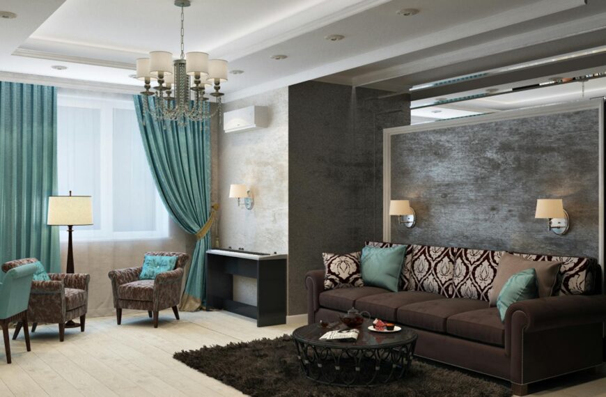Luxurious modern living room with chandelier, sofa, armchairs, and stylish decor.