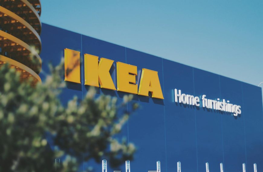 Beautiful image of a blue IKEA storefront with visible home furnishings sign.