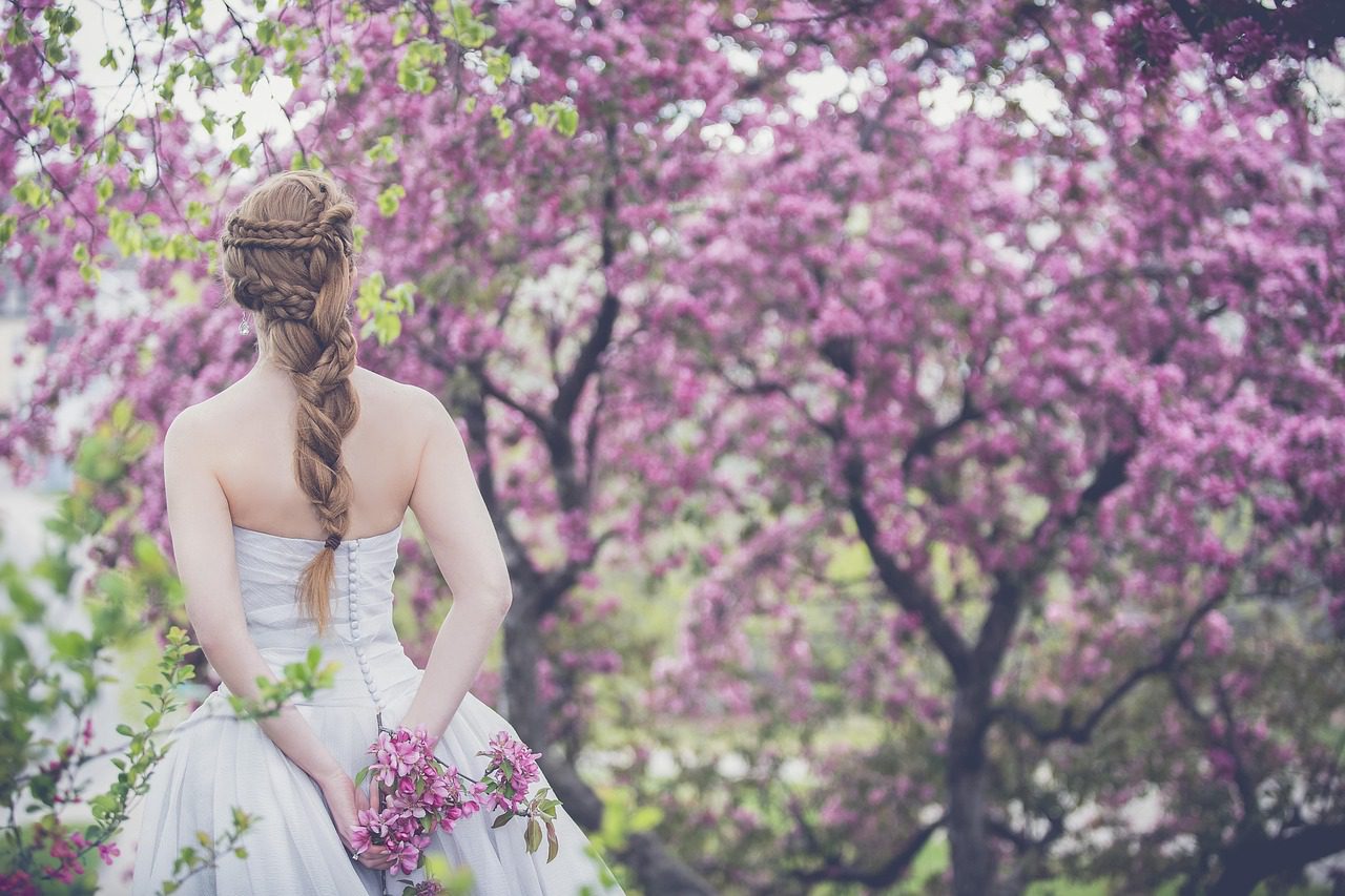 bride, flower wallpaper, wedding, woman, outdoors, flower background, beautiful flowers, nature, girl, blossoming trees, flowers, braided hair, wedding gown, bridal gown, white dress