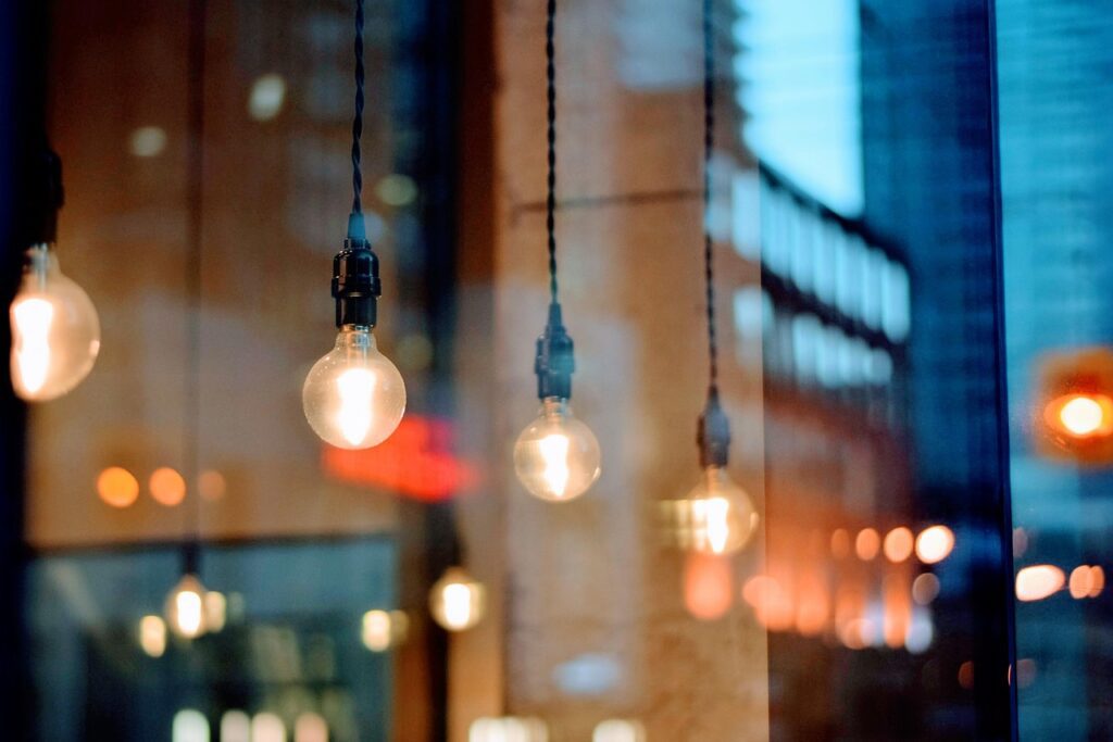 lamps, light bulbs, blur, bokeh lights, bulb, evening, illuminated, lights, lighting, incandescent