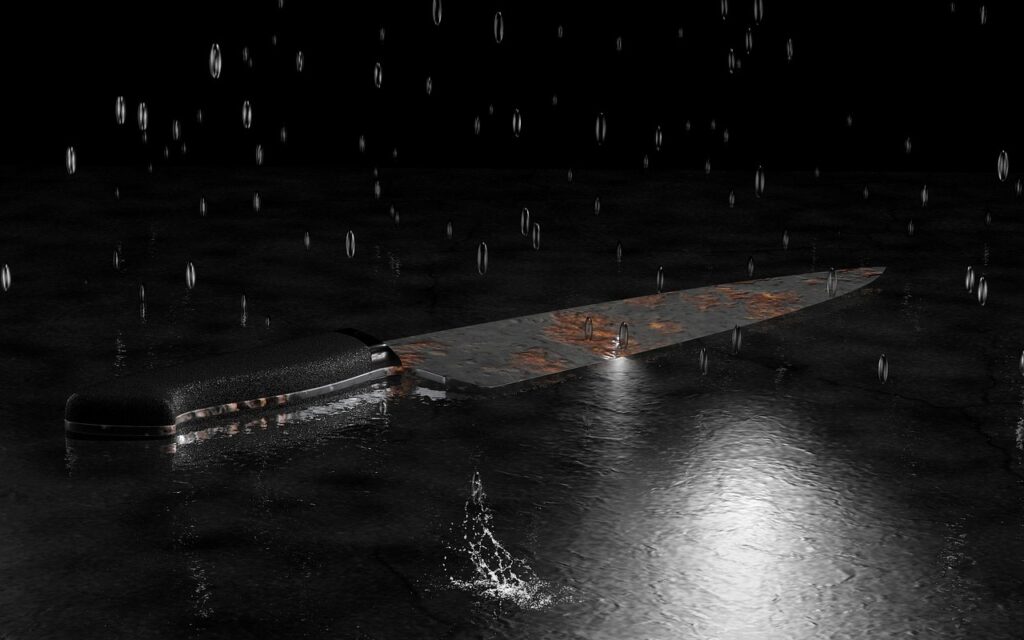 knife, rain, wet, water, drops, rainy weather, raindrop, crime scene, nature, crime