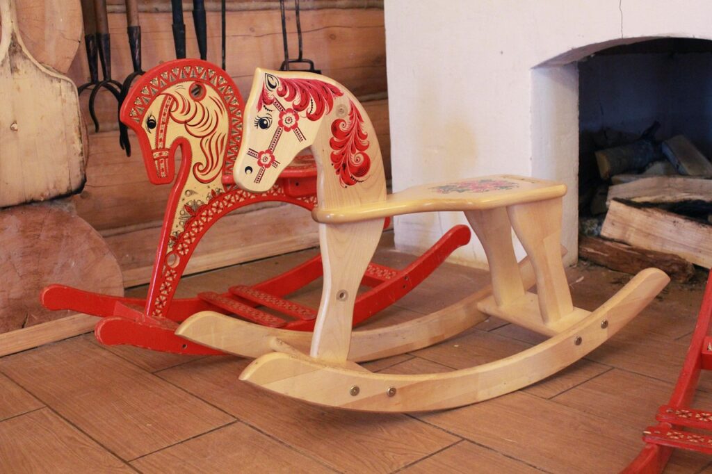 horse, horse-rocking chair, wooden horse, khokhloma, children, nature, toy, vintage toy, russian toy, horses, rocking horse, wooden
