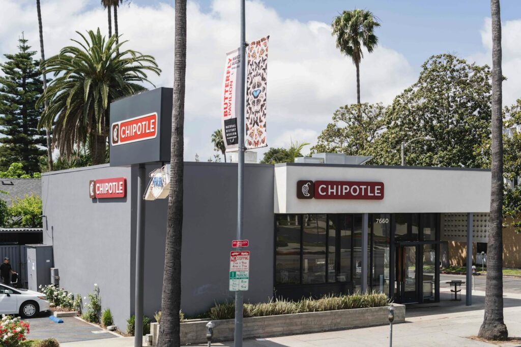 View of Chipotle Mexican Grill on a sunny day in Los Angeles, California.