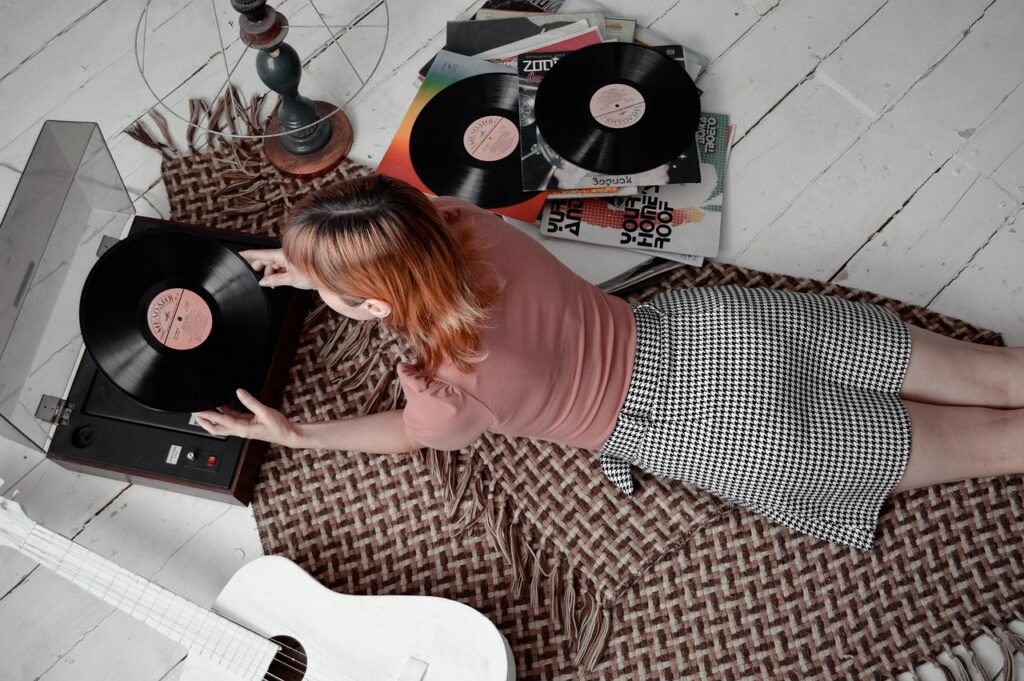 woman, vinyl, vintage, phonograph records, guitar, music, listening to music, retro, record player, vinyl record, plaid, floor, girl, record player, record player, record player, record player, record player