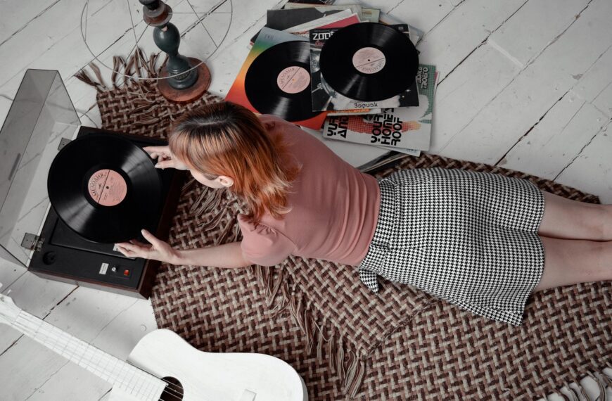woman, vinyl, vintage, phonograph records, guitar, music, listening to music, retro, record player, vinyl record, plaid, floor, girl, record player, record player, record player, record player, record player