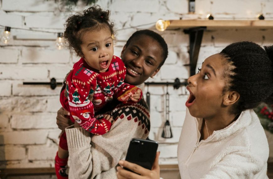 A family enjoying a video call together with festive cheer and happiness.
