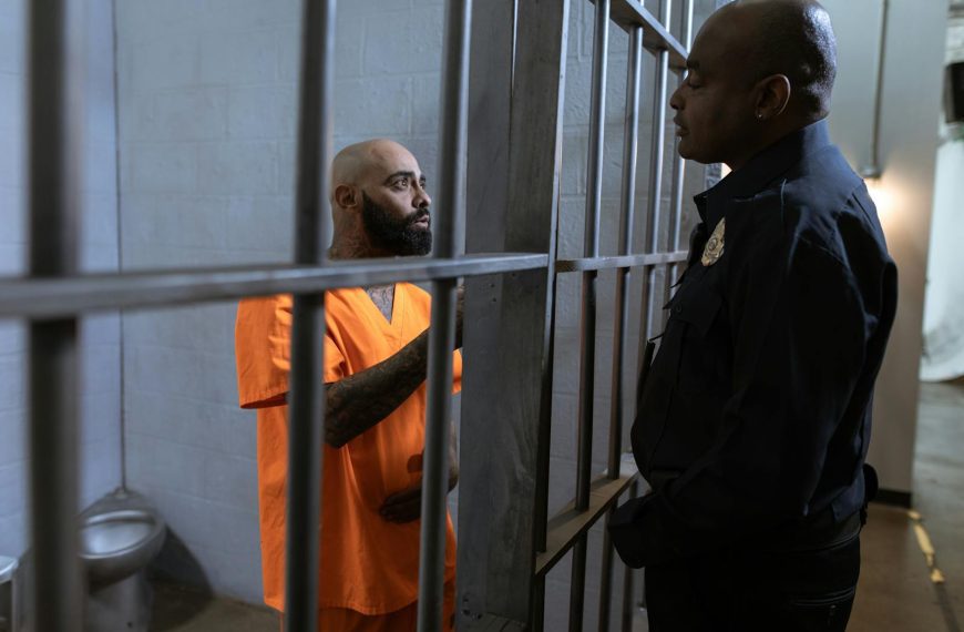 A guard converses with an inmate inside a prison cell, highlighting the justice system setting.