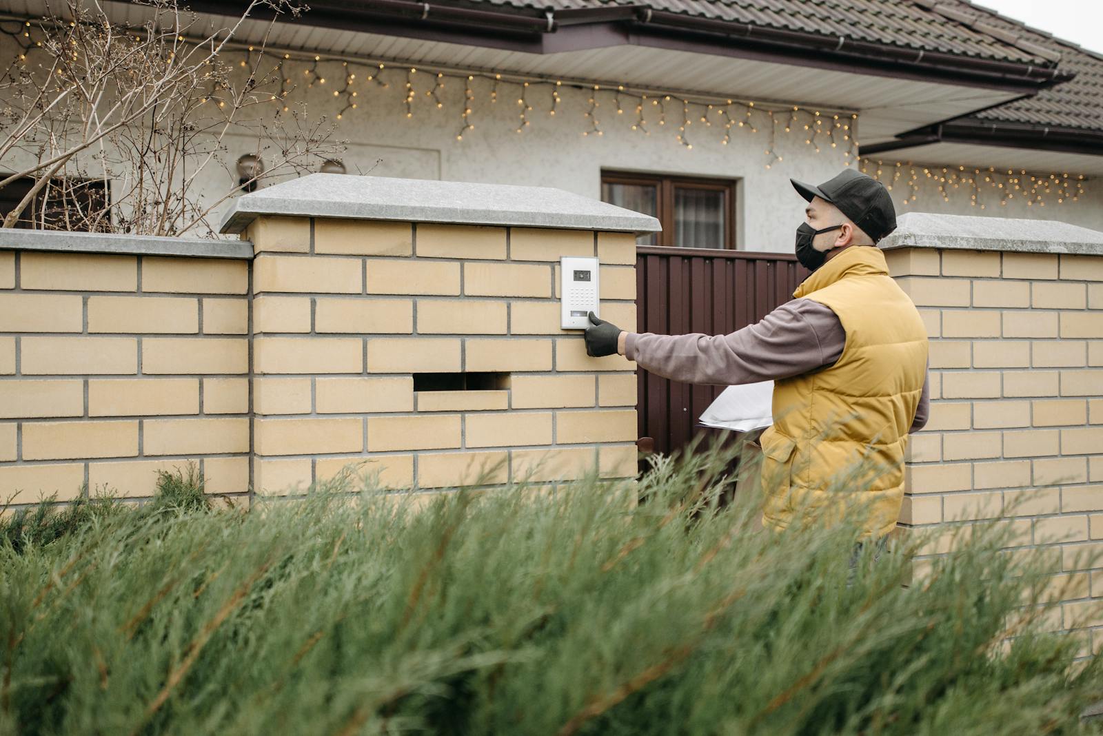 A delivery worker wearing a face mask presses a doorbell at a residential home, emphasizing contactless service.