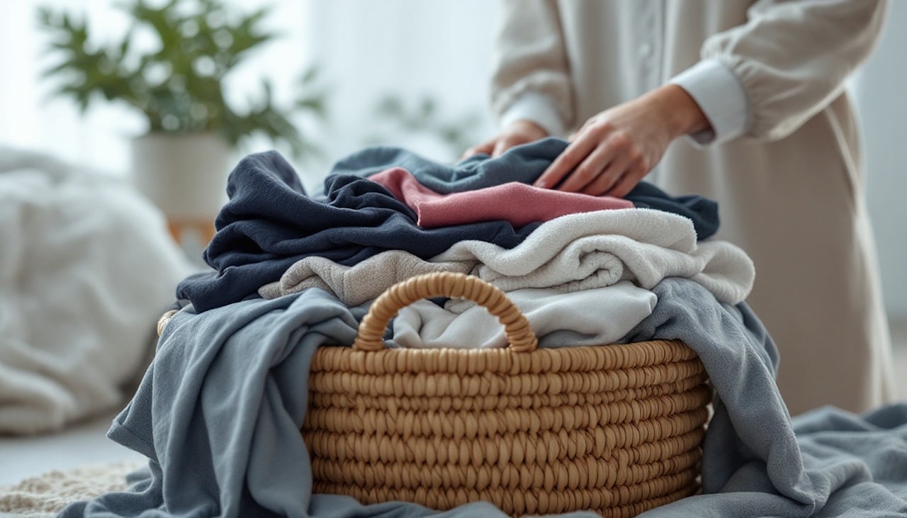 decluttering, clothes, basket, minimalism, minimalist, minimal, woman, ai generated
