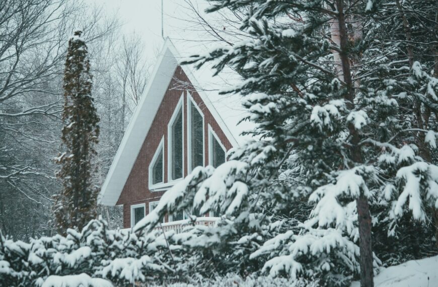 red and white house surrounded by trees covered with snow