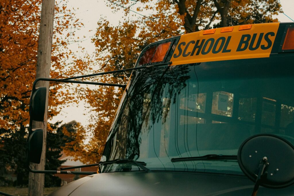 a close up of the front of a school bus