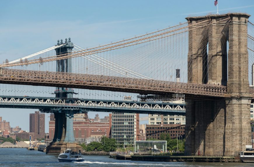 Brooklyn Bridge under blue sky