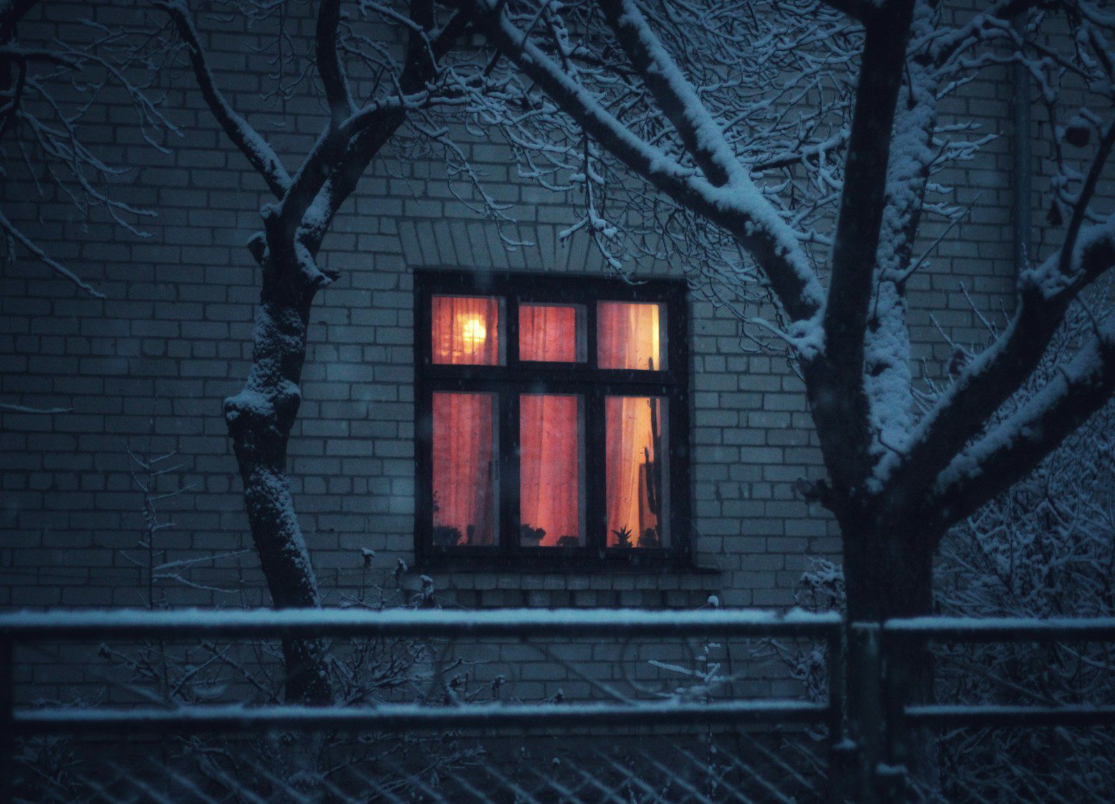 A building with a window and a snowy night