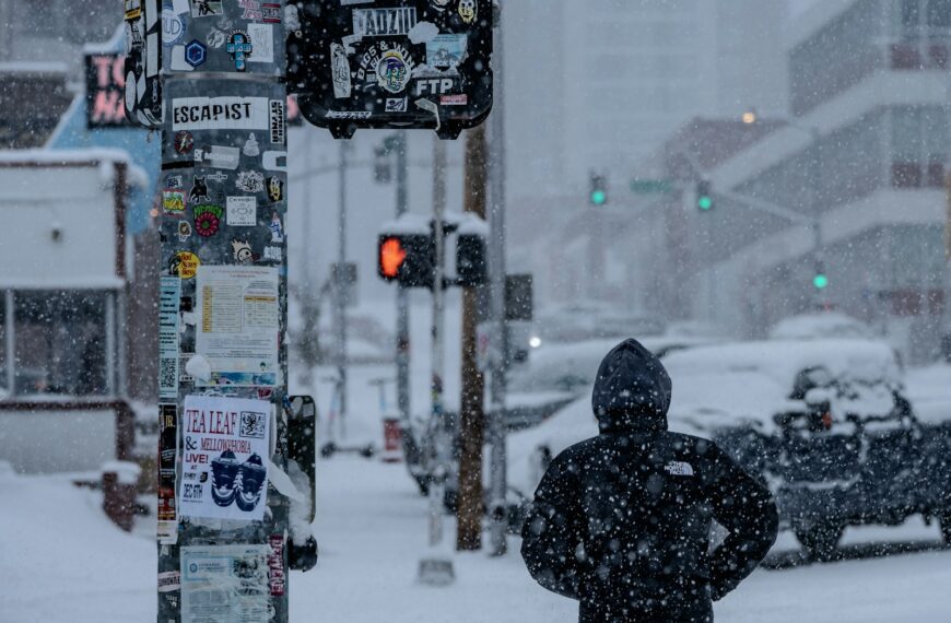 A person standing on a street corner in the snow