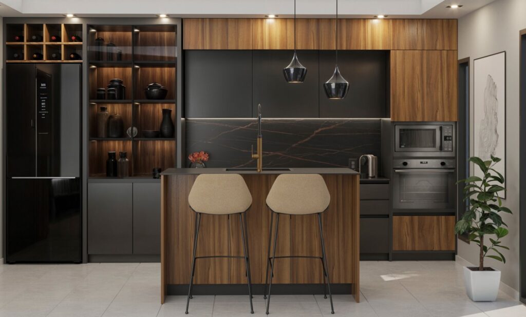 Modern kitchen with island and bar stools.