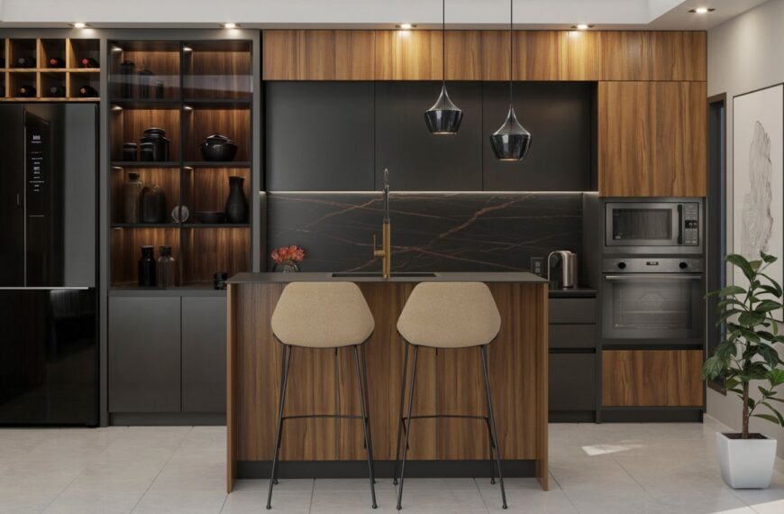 Modern kitchen with island and bar stools.