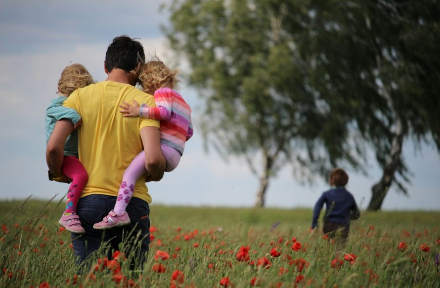 man carrying to girls on field of red petaled flower
