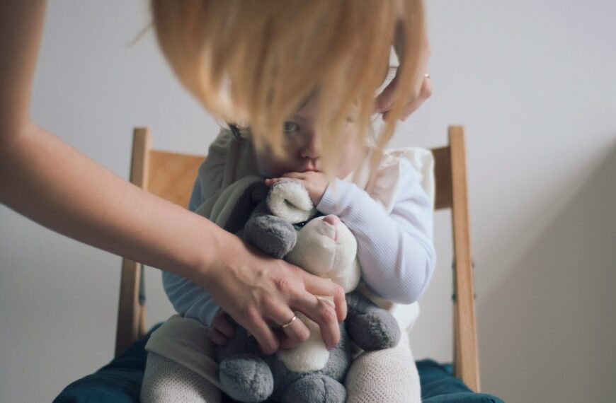 toddler carrying plush toy while sitting