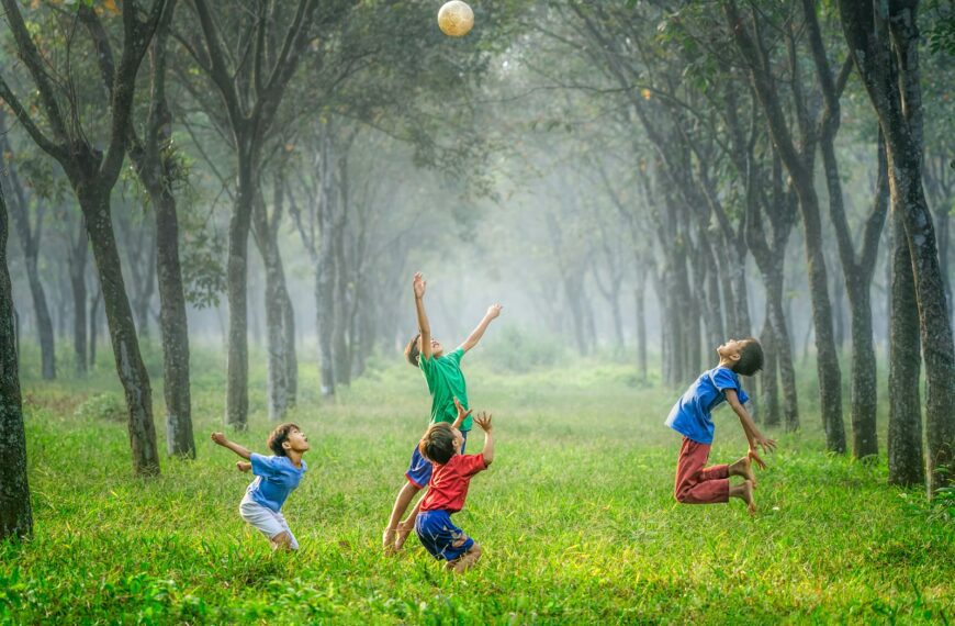 four boy playing ball on green grass