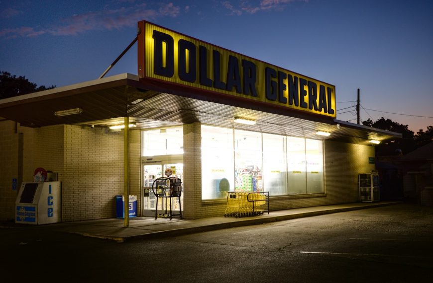 A dollar general store lit up at night