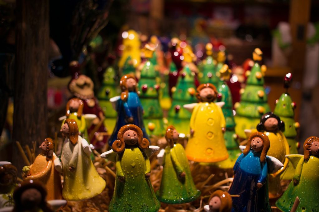 Colorful christmas ornaments are on display.