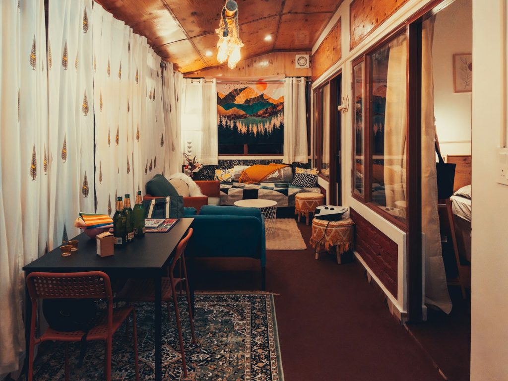 Cozy living room with desk and comfortable seating