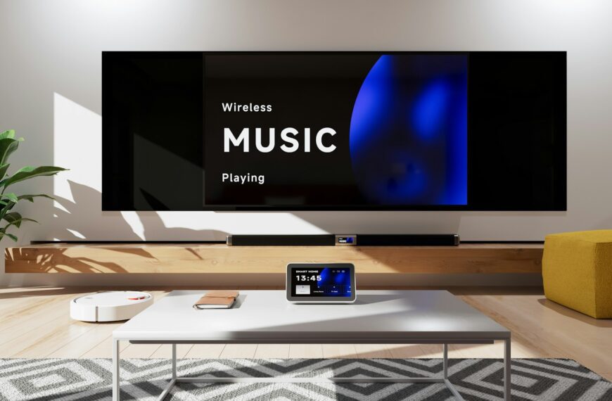 A living room with a big screen TV on the wall