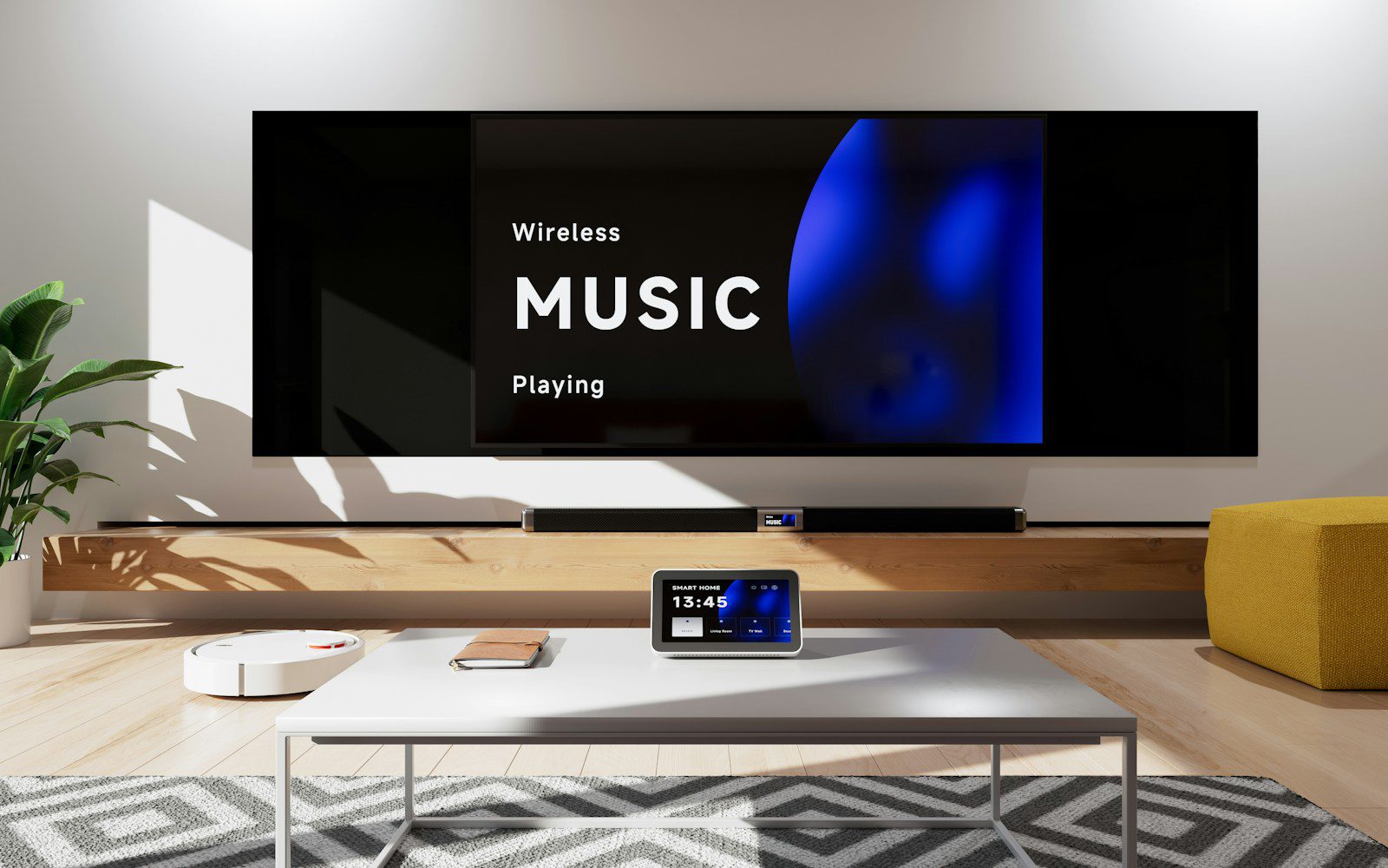 A living room with a big screen TV on the wall