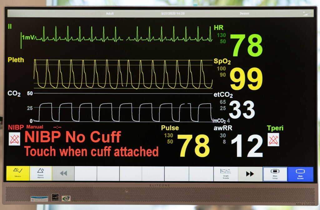A large monitor displaying a number of times