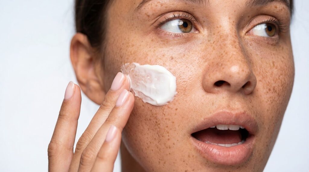 skincare, freckles, woman, face, cream, beauty, natural, cosmetic, moisturizer, skin, dermatology, treatment, wellness, health, routine, close-up, expression, female, portrait, facial, moisturizing, lotion, application, care, freckled