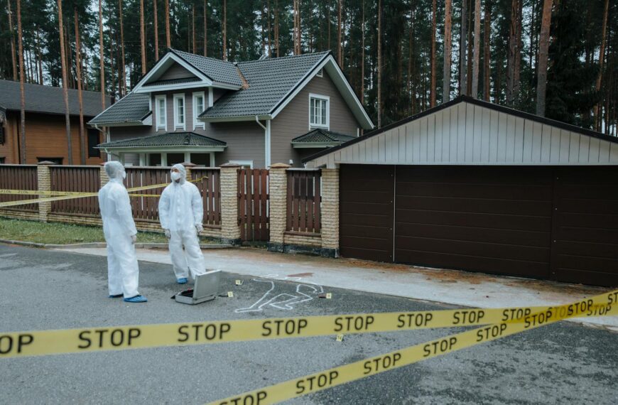 Crime scene investigators in protective suits examining evidence at a suburban house with yellow tape.
