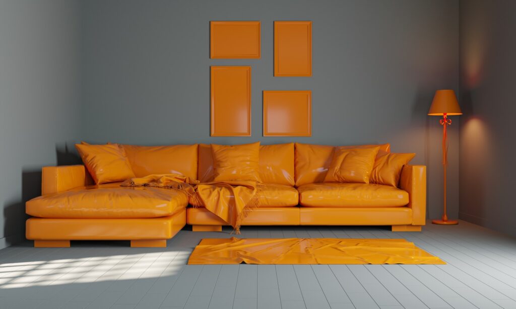 a living room with a couch and a lamp