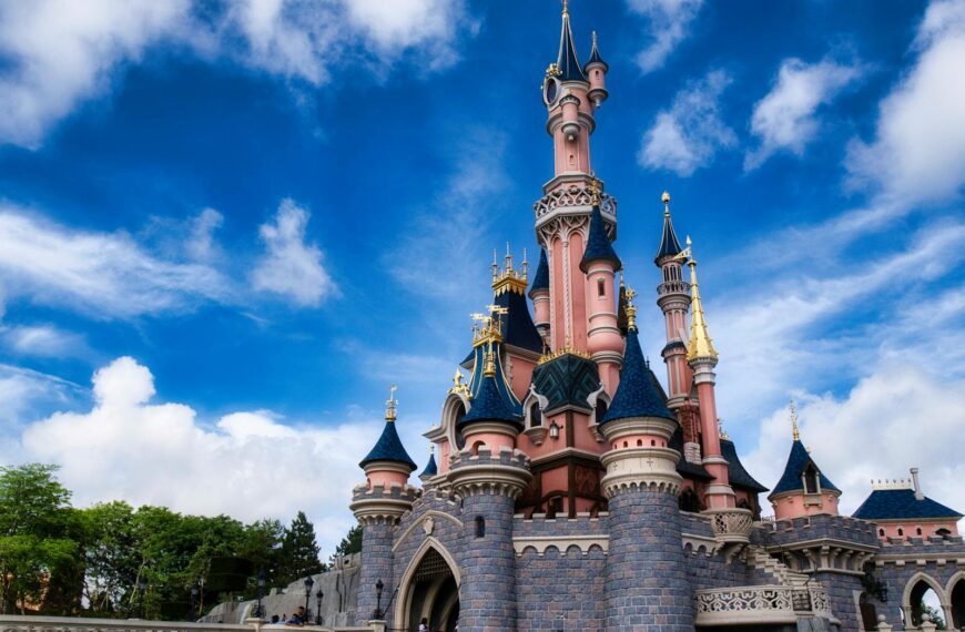 Magical view of the iconic Disneyland Paris castle with a vibrant blue sky.