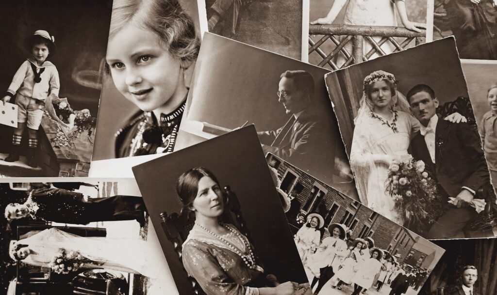 A nostalgic collection of vintage black and white family photographs, showcasing historical memories.